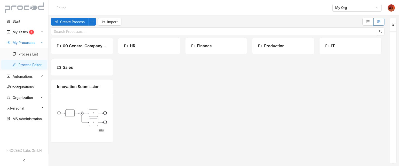 Process Editor table: window for importing an existing process