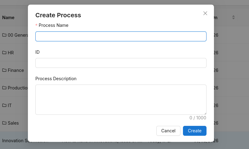 Process Editor table: window for creating a new process