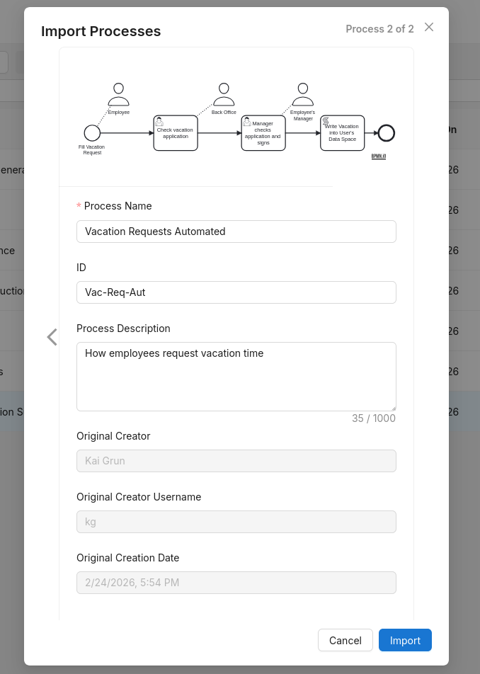 Process Editor table: window for importing an existing process