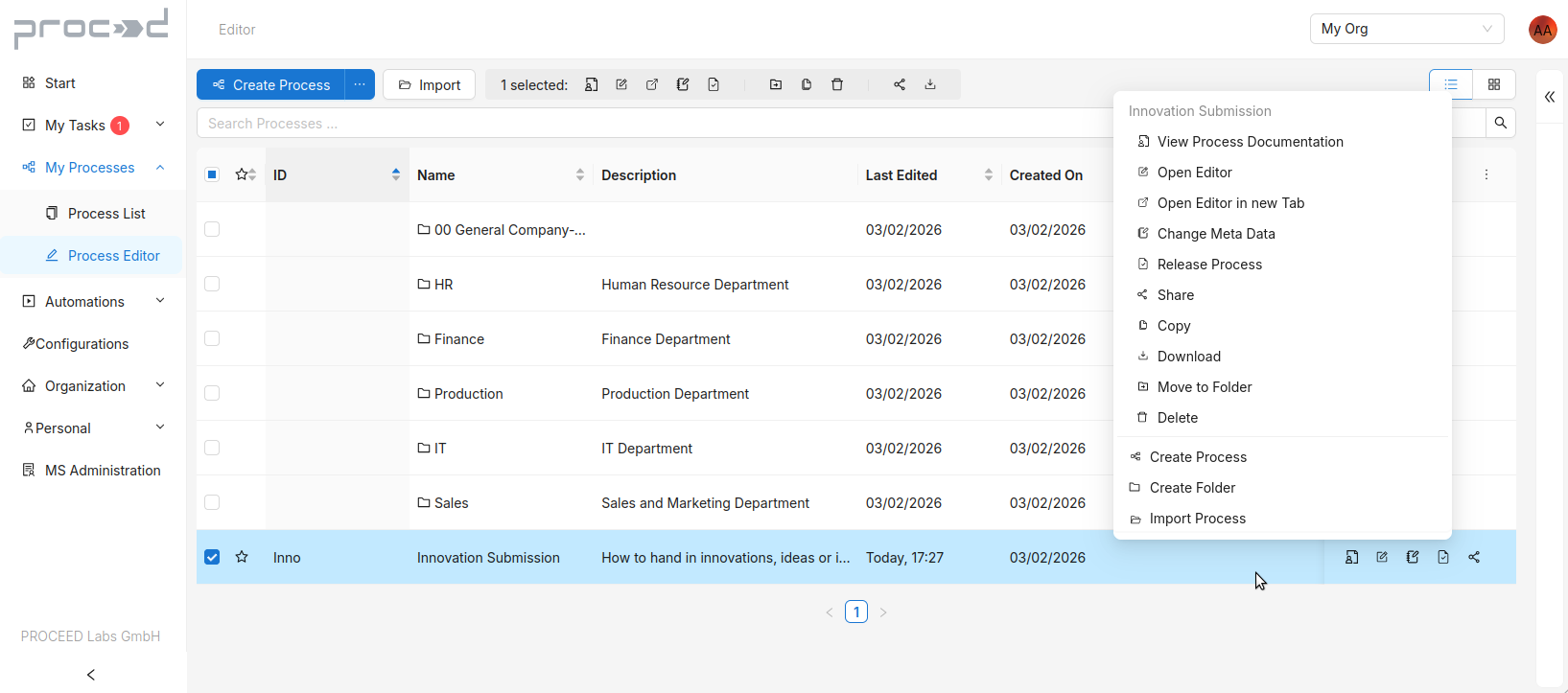 Process Editor table: overview with all options